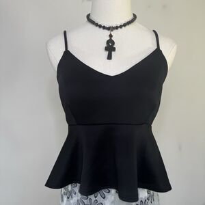 Vtg BEBE 2B Black Peplum Crop Cami Tank Made in USA Fairy Flare Indie Goth Y2K S